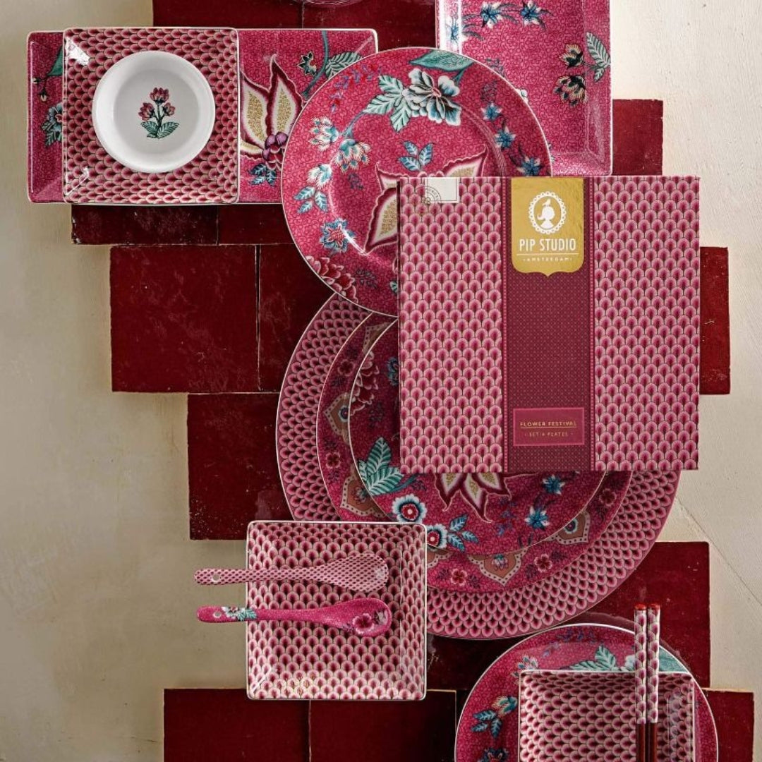 Giftset Cucharitas Oriental Festival de Flores Dark Rosado 13cm