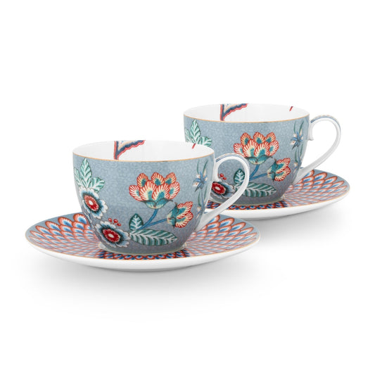 Set de 2 Tazas con Platos Festival de Flores Celeste 280ml