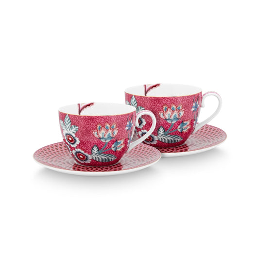Set de 2 Tazas con Platos Festival de Flores Dark Rosado 280ml