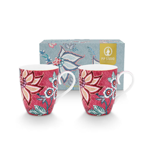 Set de 2 Tazas tamaño L Festival de Flores Dark Rosado 350ml