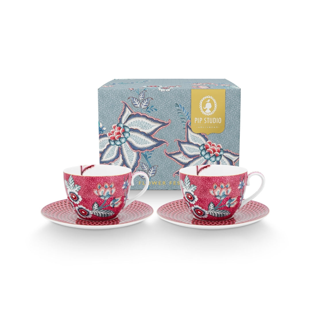 Set de 2 Tazas con Platos Festival de Flores Dark Rosado 280ml